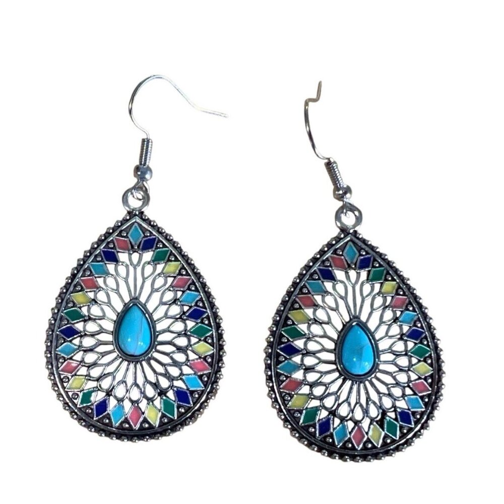 Bohemian Teardrop‎ Mosaic Earrings Turquoise Style Accent Southwestern Cowgirl